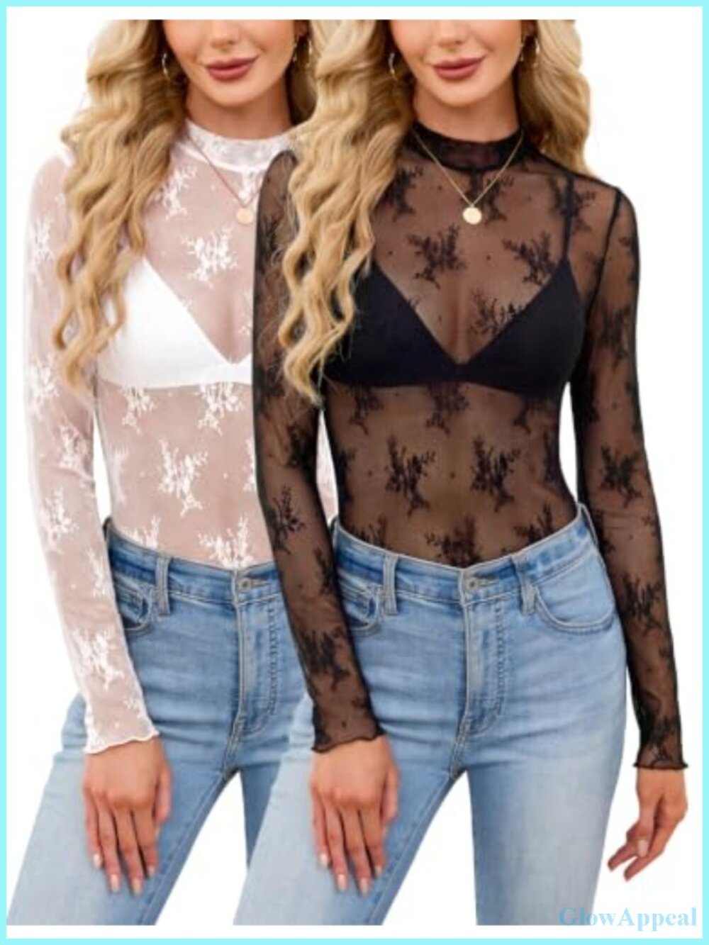 Womens Sheer Mesh Lace Long Sleeve High Neck Blouse